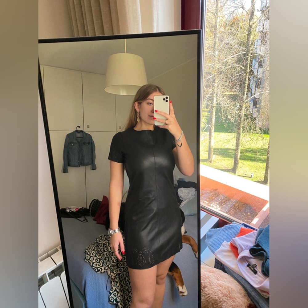 Zara Women's Black Short Sleeve Faux Leather Dress